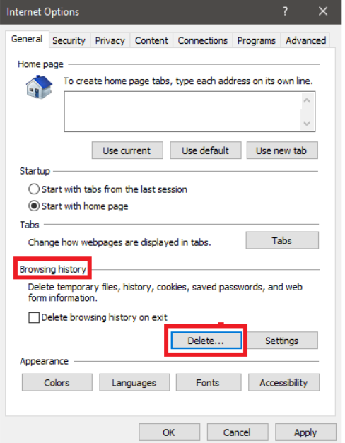 Internet options  for clearing browser cache in Windows 10.