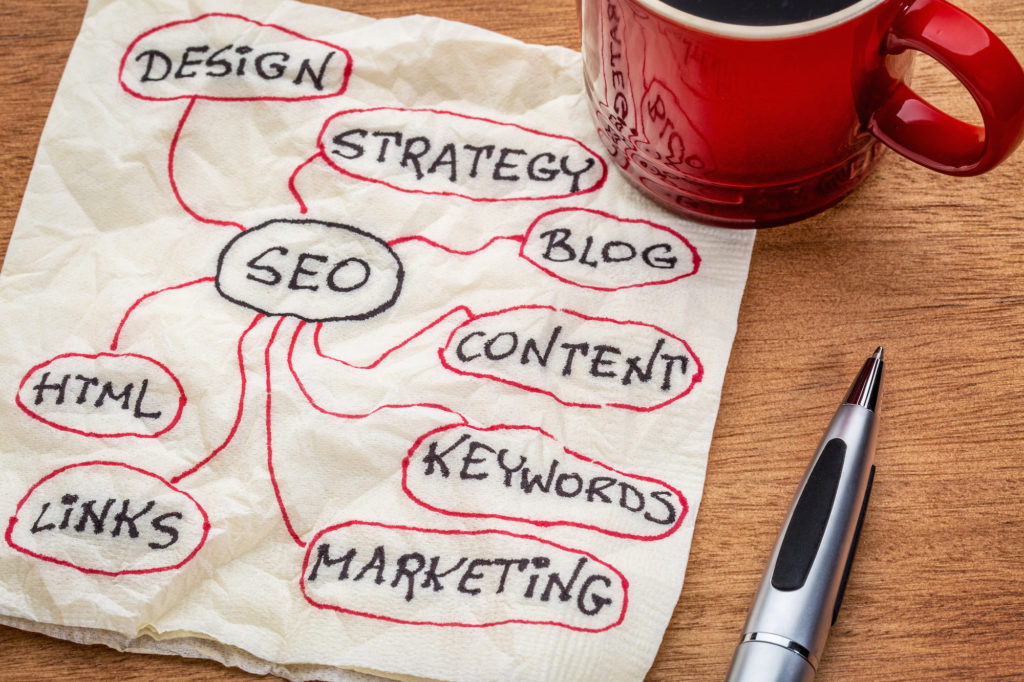 A red mug, a pen, and a napkin with a mind map for SEO, including design, strategy, blog, content, keywords, marketing, links, and HTML, on a wooden surface.