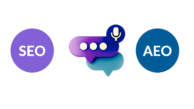 Purple SEO circle, speech bubble with microphone at its center, and blue AEO circle on the right, highlighting cutting-edge AEO services.