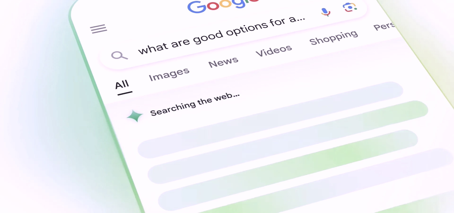 A smartphone screen displays a Google search for "what are good options for a..." with a list of blurred search results below. The page shows navigation categories like Images, News, Videos, and Shopping.