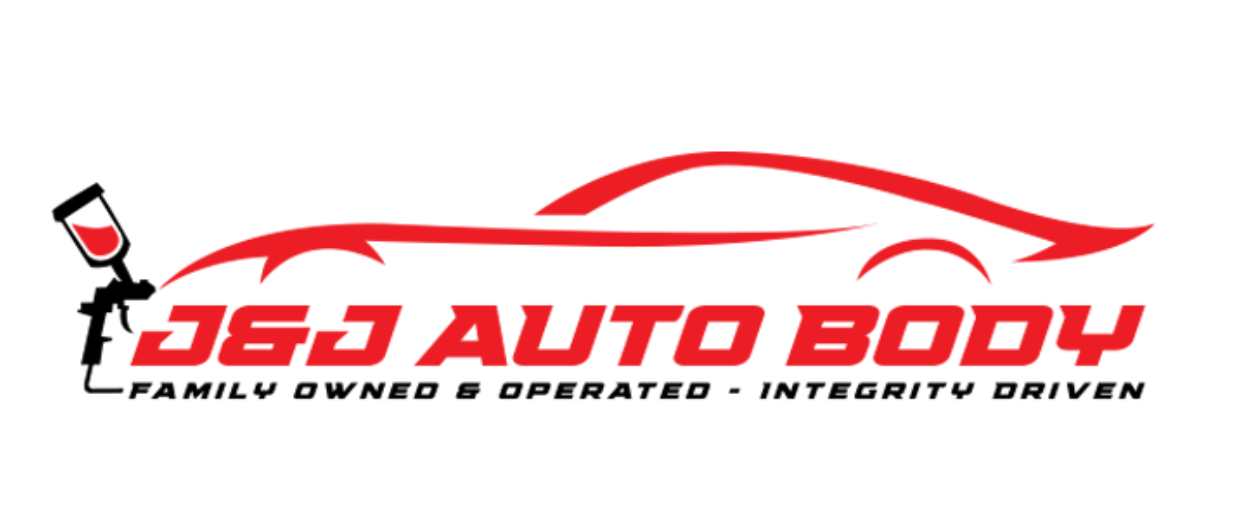 Logo concept for J&J Auto Body featuring a red car outline, a paint spray gun, and the tagline "Family Owned & Operated - Integrity Driven" in bold red and black text.