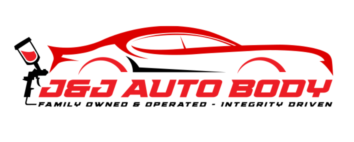 Logo design for J&J Auto Body featuring a stylized red car outline and paint spray gun. Text below reads: "Family Owned & Operated - Integrity Driven." Perfect for any auto body shop seeking a professional, memorable look.