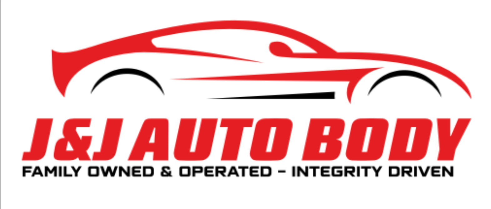 Logo concept for J&J Auto Body featuring a stylized red car outline above “J&J Auto Body” in bold red text. Below, black text reads "Family Owned & Operated – Integrity Driven.