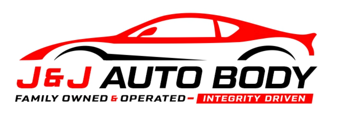 Logo Concepts for J&J Auto Body featuring a red outline of a car above the text "J&J AUTO BODY." Below, it says "Family Owned & Operated – Integrity Driven," with "Integrity Driven" highlighted in red.