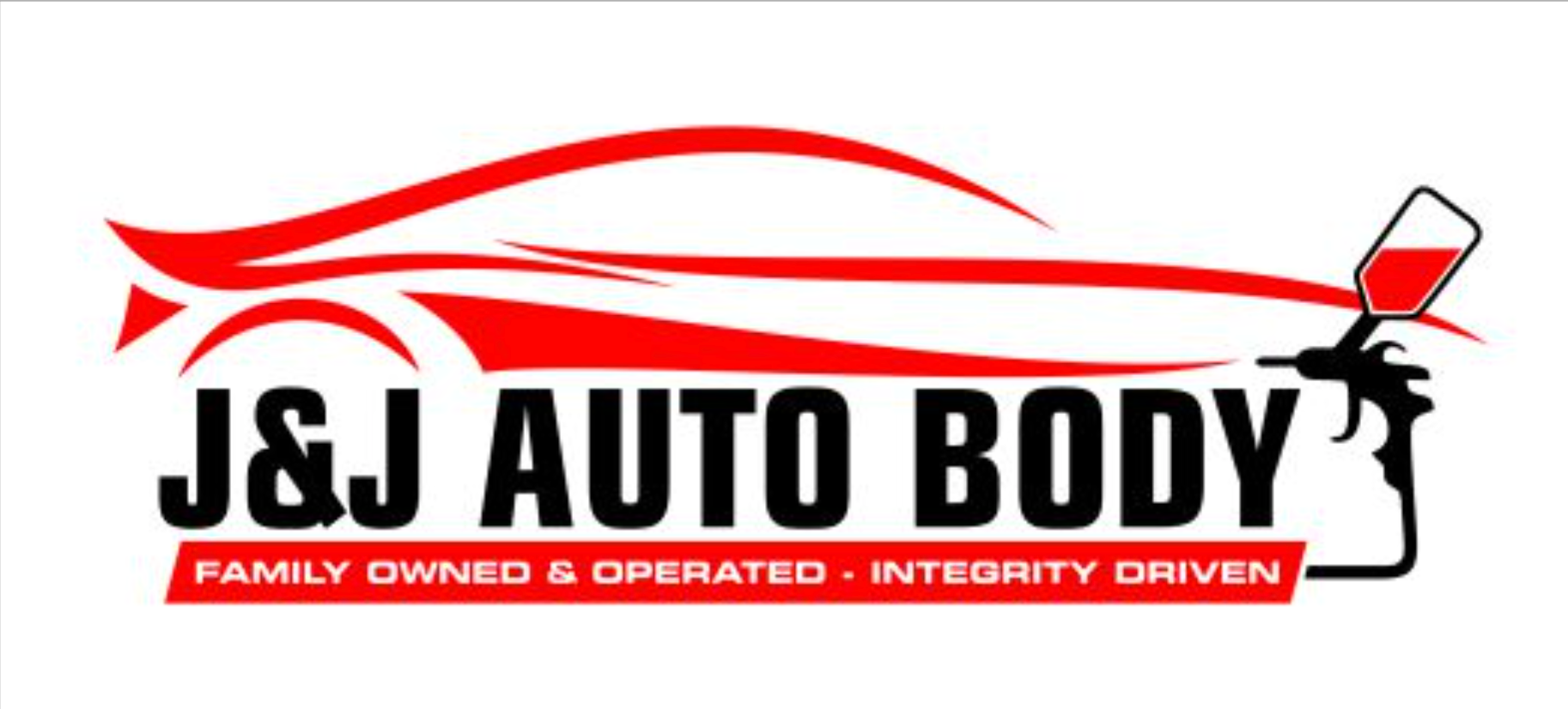 Logo concepts for J&J Auto Body featuring a red car outline, a spray paint gun, and the text "Family Owned & Operated - Integrity Driven" beneath the business name.