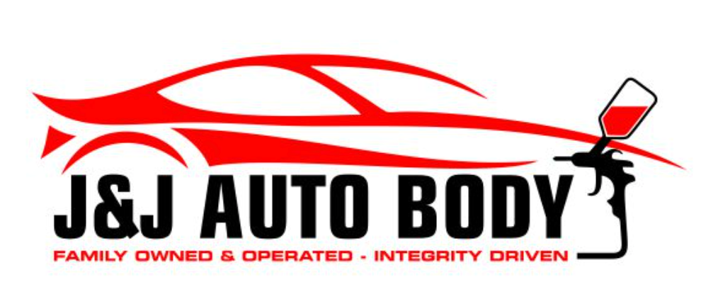 Logo concepts for J&J Auto Body featuring a red car outline and paint spray gun. Text reads "J&J Auto Body" with "Family Owned & Operated – Integrity Driven" below in red.