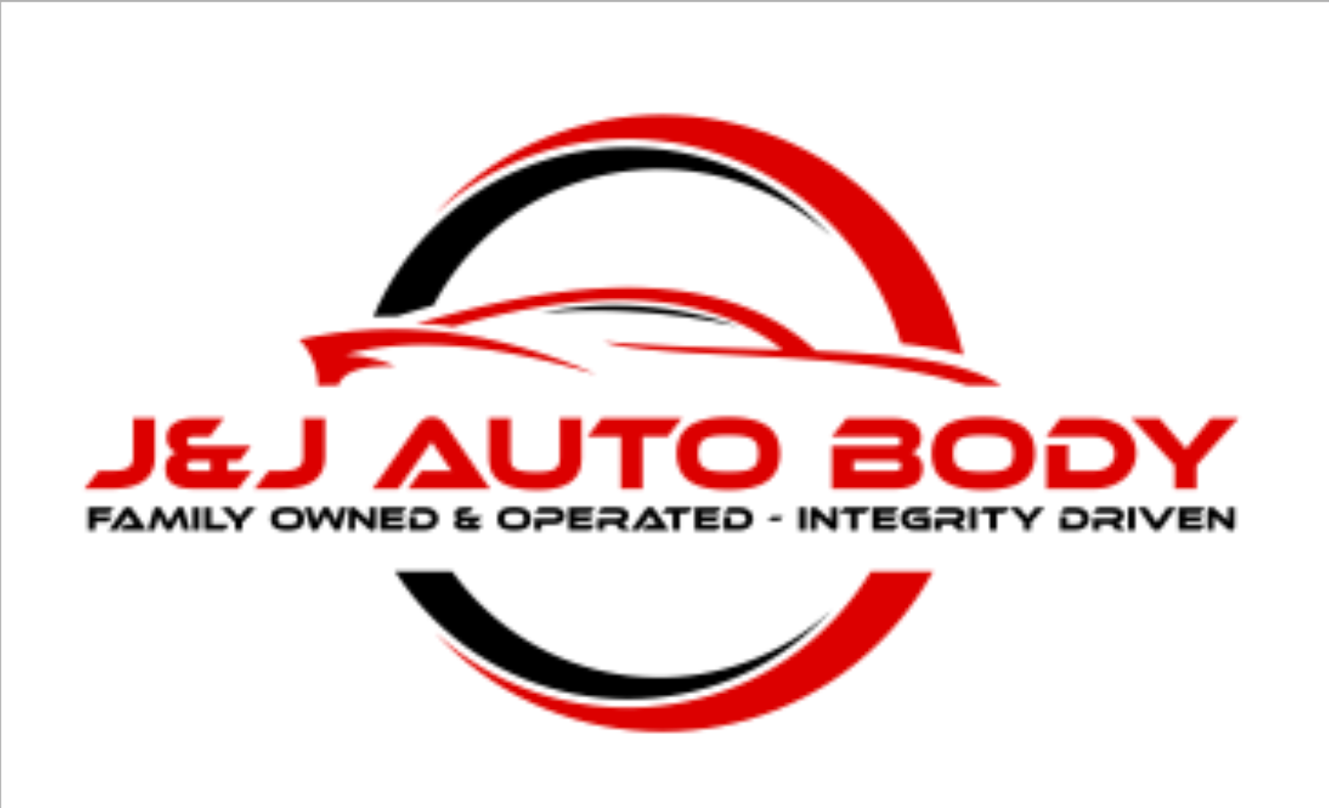 Logo Concepts for J&J Auto Body featuring a red car silhouette inside a black and red circular outline. Text below reads "Family Owned & Operated - Integrity Driven.
