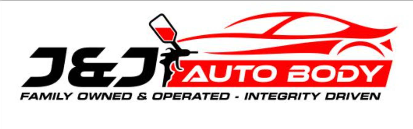 Logo Concepts for J&J Auto Body: Features a red car outline, a figure with a paint spray gun, and the text "Family Owned & Operated - Integrity Driven" in black and red on a white background.