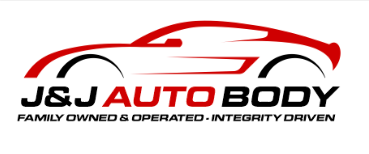 Logo Concepts for J&J Auto Body featuring a red and black outline of a sports car above the business name. Text below reads “Family Owned & Operated · Integrity Driven.”.