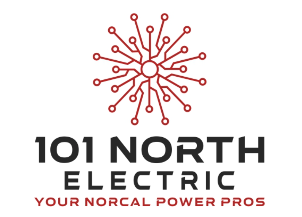 Logo for "101 North Electric" featuring a red, abstract circuit design above the text and the tagline "YOUR NORCAL POWER PROS" in red below—ideal inspiration for logo concepts or those seeking a bold auto body logo style. Logo for "101 North Electric" featuring a red, abstract circuit design above the text and the tagline "YOUR NORCAL POWER PROS" in red below—ideal inspiration for logo concepts or those seeking a bold auto body logo style.