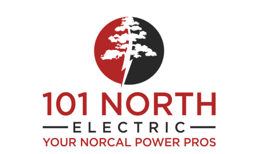 A circular logo concept featuring a tree and lightning bolt, half red and half black. Below it reads "101 North Electric" and "Your NorCal Power Pros" in red and black text. Inspired by creative concepts from J&J Auto Body. A circular logo concept featuring a tree and lightning bolt, half red and half black. Below it reads "101 North Electric" and "Your NorCal Power Pros" in red and black text. Inspired by creative concepts from J&J Auto Body.