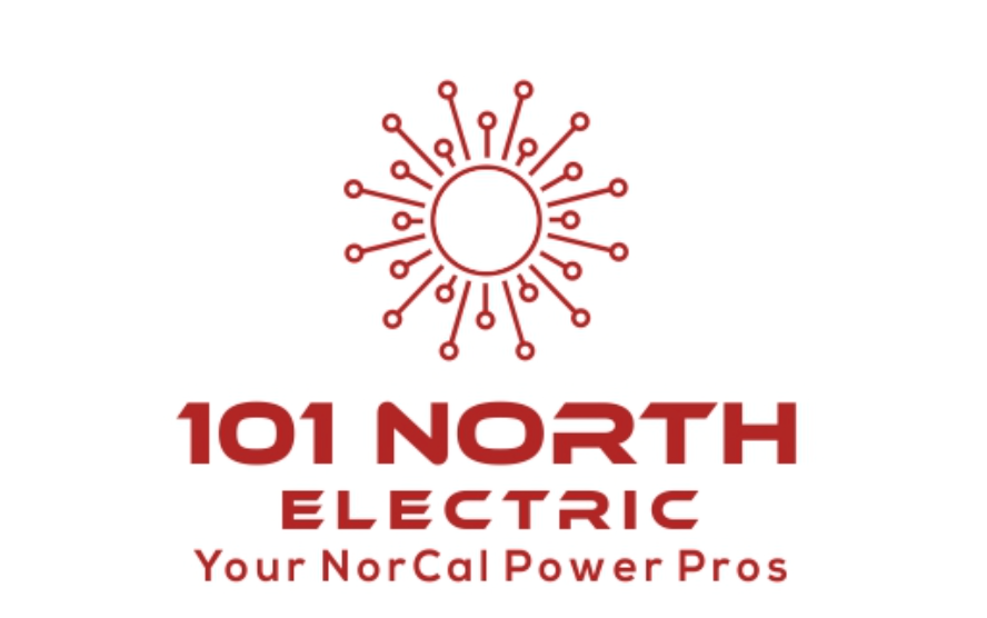Logo concept for "101 North Electric" features a stylized sun with circuit-like rays, blending the professionalism of J&J Auto Body designs, and the tagline "Your NorCal Power Pros" below the company name in bold red text. Logo concept for "101 North Electric" features a stylized sun with circuit-like rays, blending the professionalism of J&J Auto Body designs, and the tagline "Your NorCal Power Pros" below the company name in bold red text.