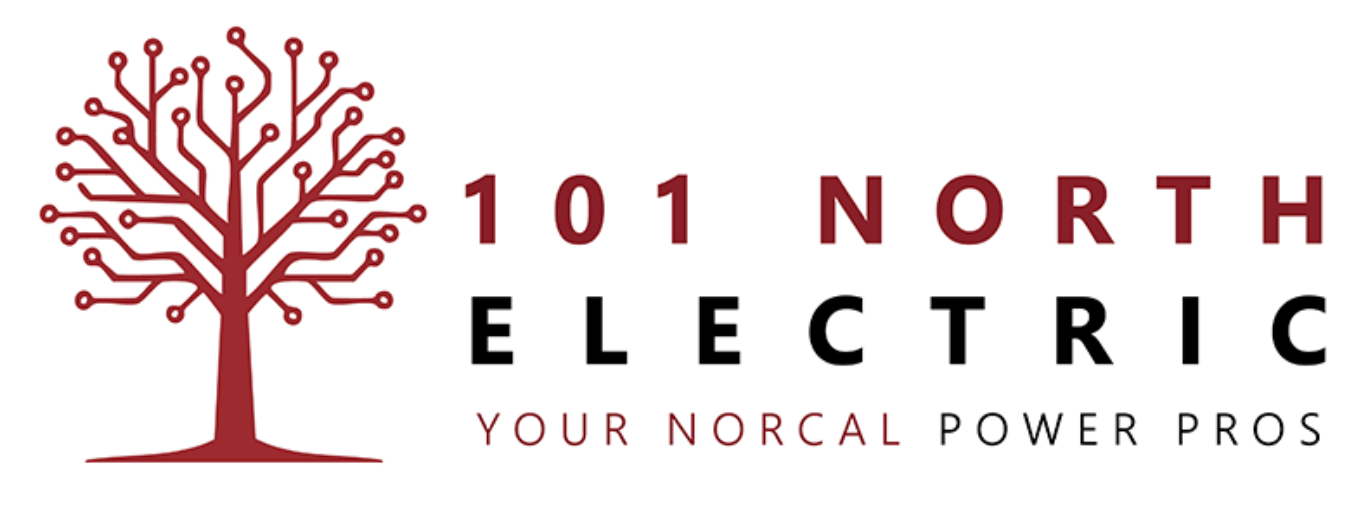 Logo Concepts for 101 North Electric featuring a stylized tree with circuit-like branches on the left, and the company name and tagline "Your Norcal Power Pros" in red and black text on the right. Logo Concepts for 101 North Electric featuring a stylized tree with circuit-like branches on the left, and the company name and tagline "Your Norcal Power Pros" in red and black text on the right.