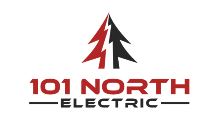 Logo concept for "101 North Electric" features two stylized pine trees—one red, one black—with the company name in bold red and black text below the trees. Ideal for inspiring modern auto body branding. Logo concept for "101 North Electric" features two stylized pine trees—one red, one black—with the company name in bold red and black text below the trees. Ideal for inspiring modern auto body branding.