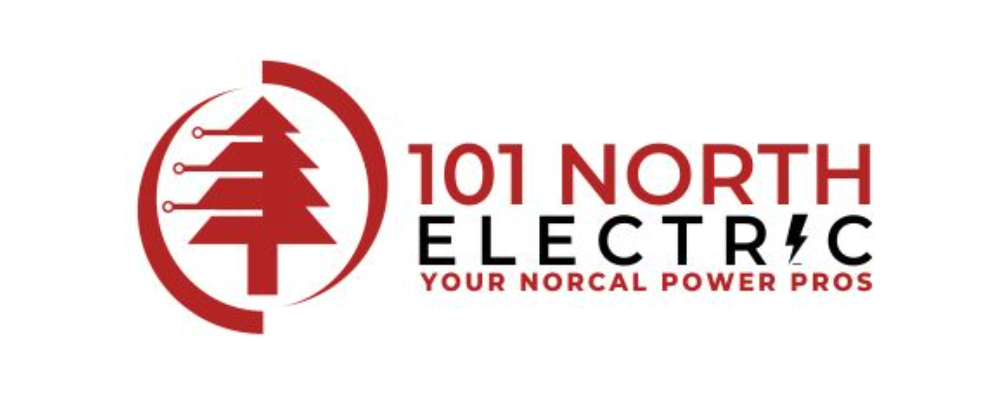 Logo concept for "101 North Electric" features a stylized red pine tree with circuit lines on the left and bold company text on the right. The slogan "Your NorCal Power Pros" appears underneath, similar in quality to top auto body branding. Logo concept for "101 North Electric" features a stylized red pine tree with circuit lines on the left and bold company text on the right. The slogan "Your NorCal Power Pros" appears underneath, similar in quality to top auto body branding.
