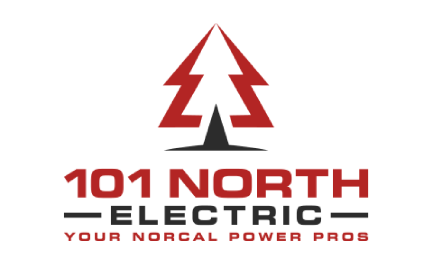 Logo for "101 North Electric" features a stylized red tree with a black shadow, above the text "101 North Electric" and the tagline "Your Norcal Power Pros," inspired by bold auto body logo concepts in red and black lettering. Logo for "101 North Electric" features a stylized red tree with a black shadow, above the text "101 North Electric" and the tagline "Your Norcal Power Pros," inspired by bold auto body logo concepts in red and black lettering.