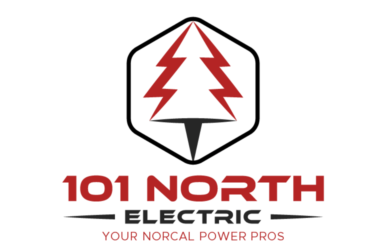 Logo concepts for 101 North Electric featuring a stylized red tree with a black trunk inside a hexagon. Below, the text reads: "101 NORTH ELECTRIC" and "YOUR NORCAL POWER PROS" in red and black. Logo concepts for 101 North Electric featuring a stylized red tree with a black trunk inside a hexagon. Below, the text reads: "101 NORTH ELECTRIC" and "YOUR NORCAL POWER PROS" in red and black.