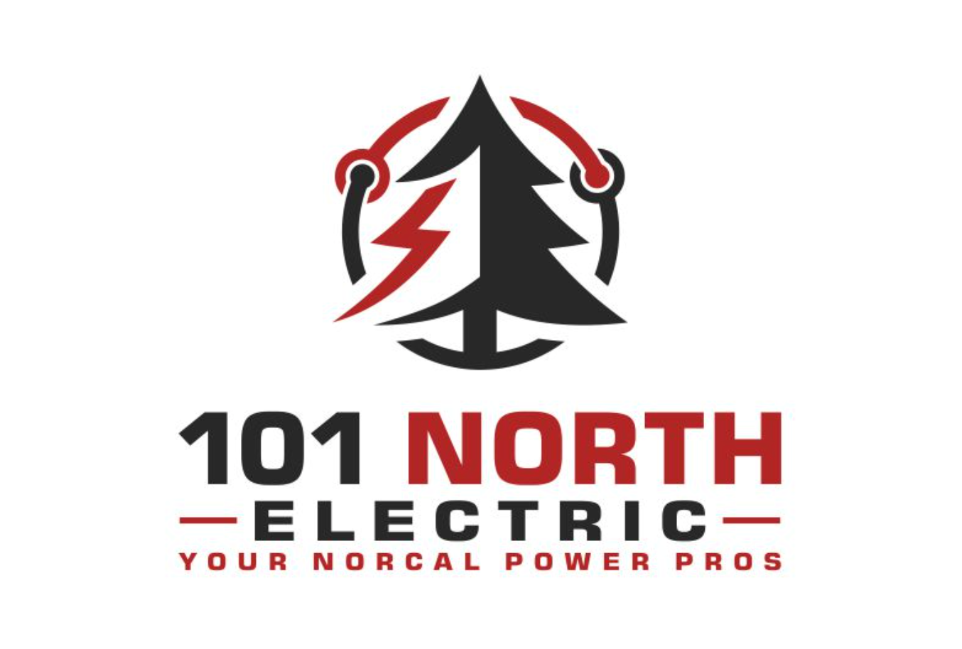 Logo concepts for 101 North Electric featuring a stylized pine tree with a red lightning bolt and electrical cord. Below, the text reads: "101 North Electric – Your NorCal Power Pros" in bold black and red letters. Logo concepts for 101 North Electric featuring a stylized pine tree with a red lightning bolt and electrical cord. Below, the text reads: "101 North Electric – Your NorCal Power Pros" in bold black and red letters.