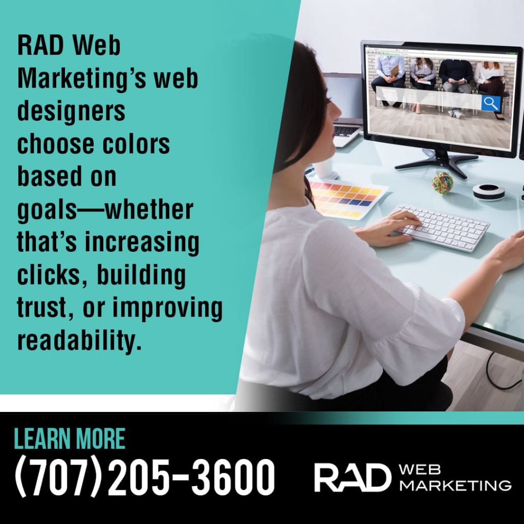 A woman sits at a desk using a computer, viewing a webpage with people on the screen. Text explains how RAD Web Marketing designers choose colors based on clients’ goals. The company’s contact info is displayed at the bottom.