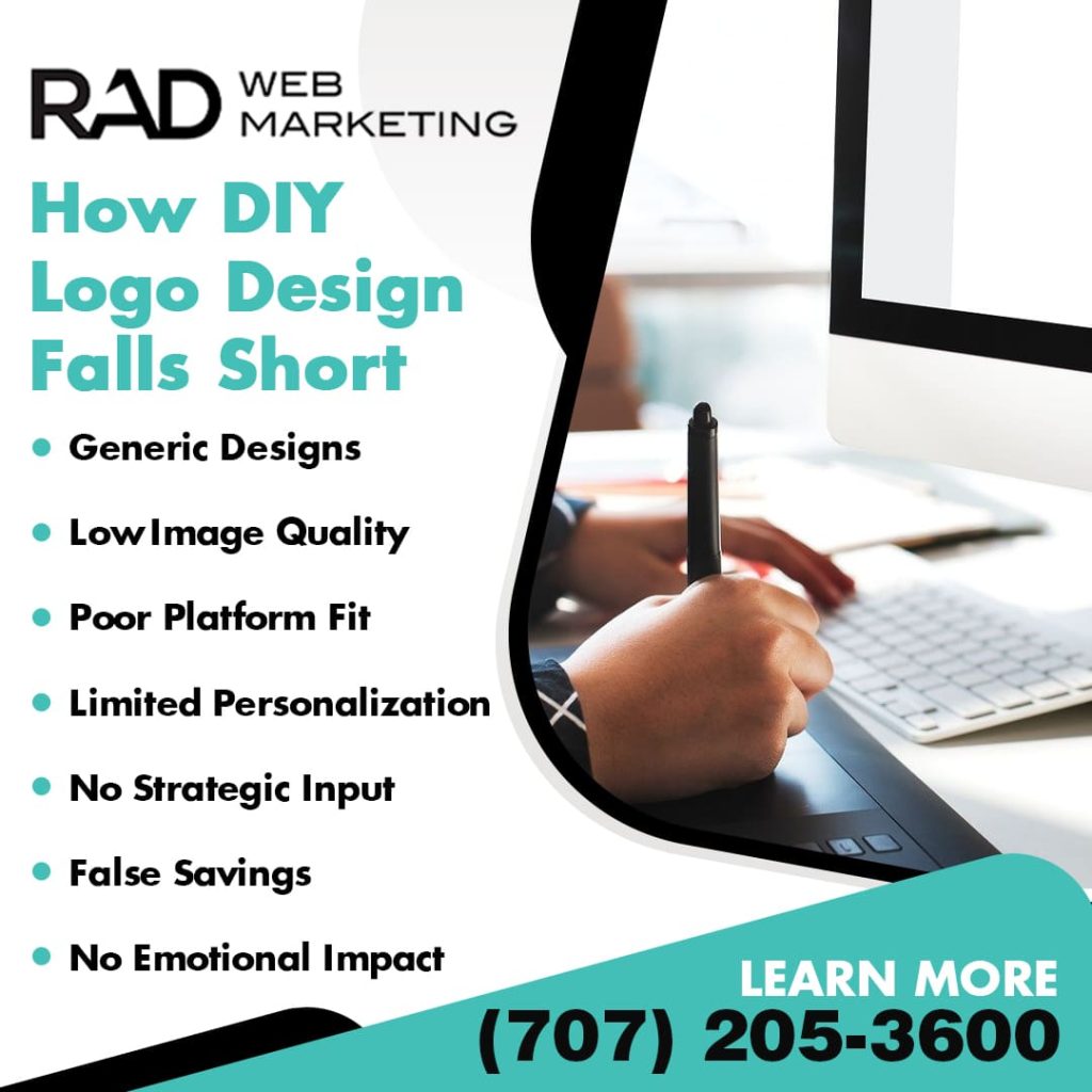 A person uses a digital pen at a computer. Text lists reasons DIY logo design falls short, including generic designs, low image quality, poor platform fit, limited personalization, no strategy, false savings, and no emotional impact.
