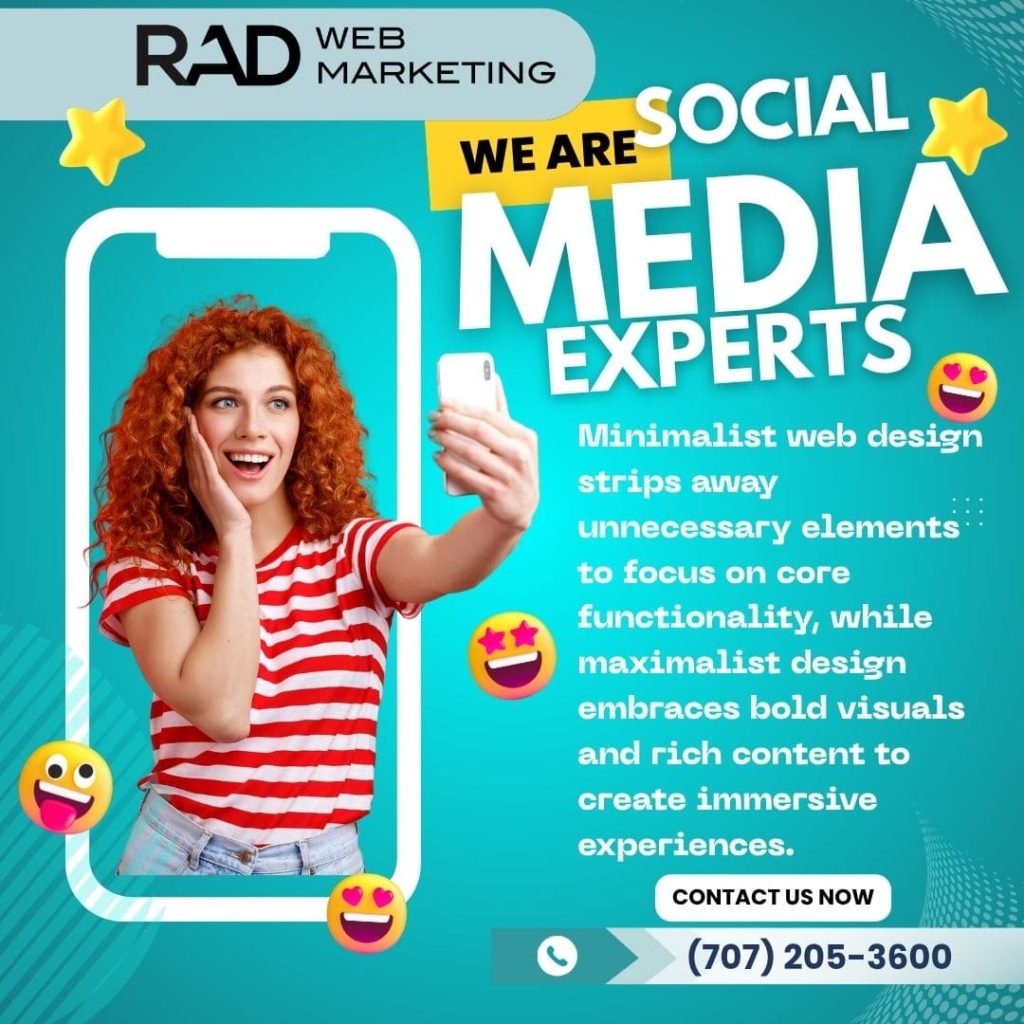 A woman with curly red hair smiles and talks on the phone, standing inside a smartphone graphic. The text promotes "RAD Web Marketing" as social media experts, with contact info and design descriptions on a teal background with emojis.