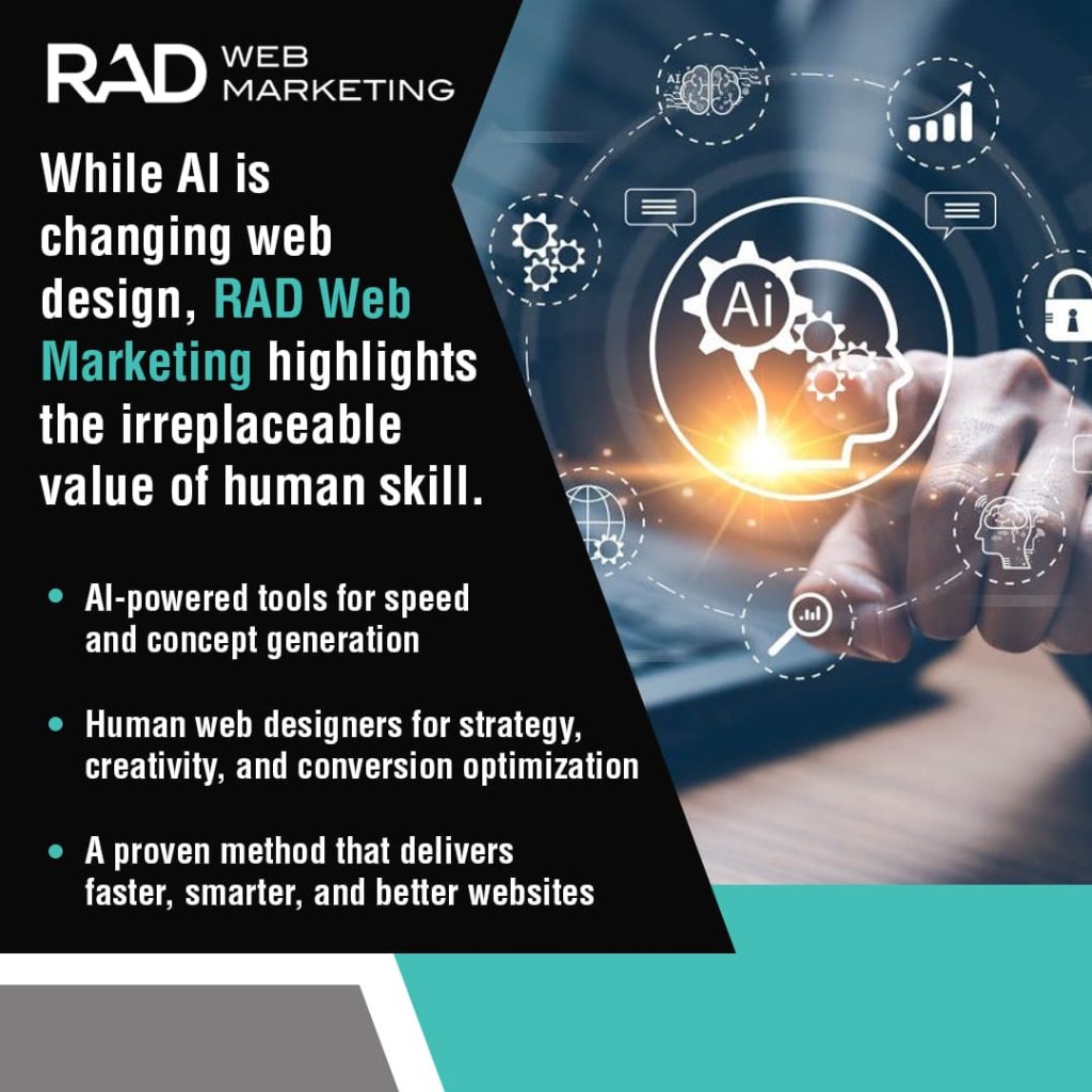A digital graphic for RAD Web Marketing shows a hand touching a glowing AI icon, with text explaining the importance of human skill in web design alongside AI tools. Three bullet points outline benefits of combining AI and human expertise.