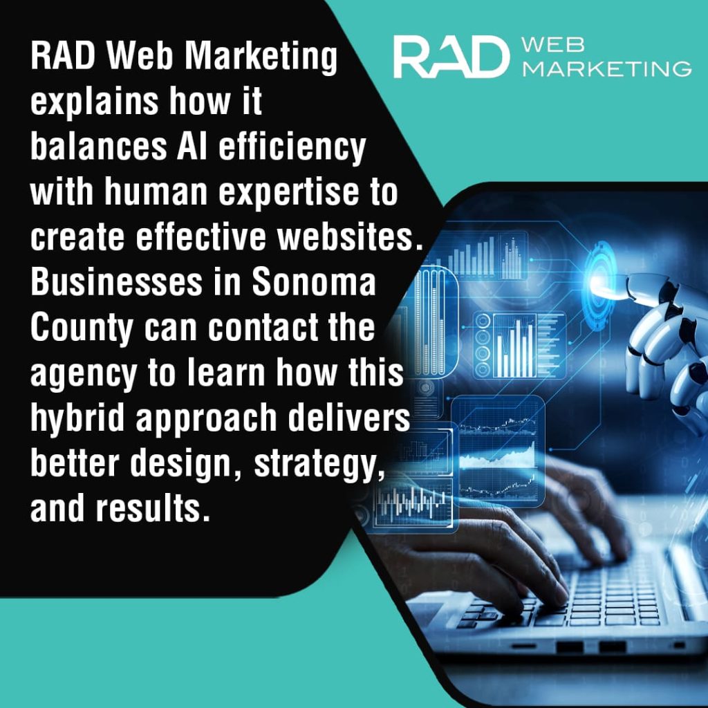 A promotional graphic for RAD Web Marketing features text about combining AI efficiency with human expertise, alongside a partial image of a hand using a laptop with digital data graphics. RAD Web Marketing's logo appears at the top right.