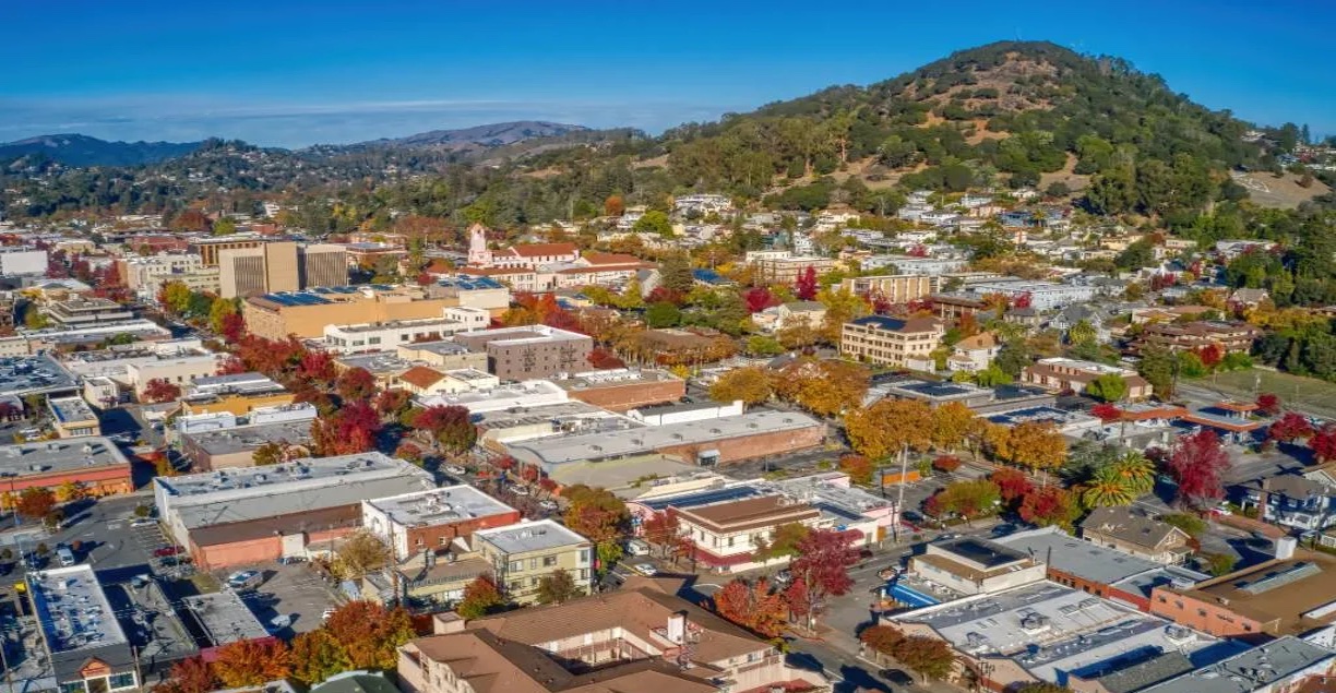 Aerial view of a small city with tree-lined streets, buildings, and a hill covered in trees in the background under a clear blue sky.