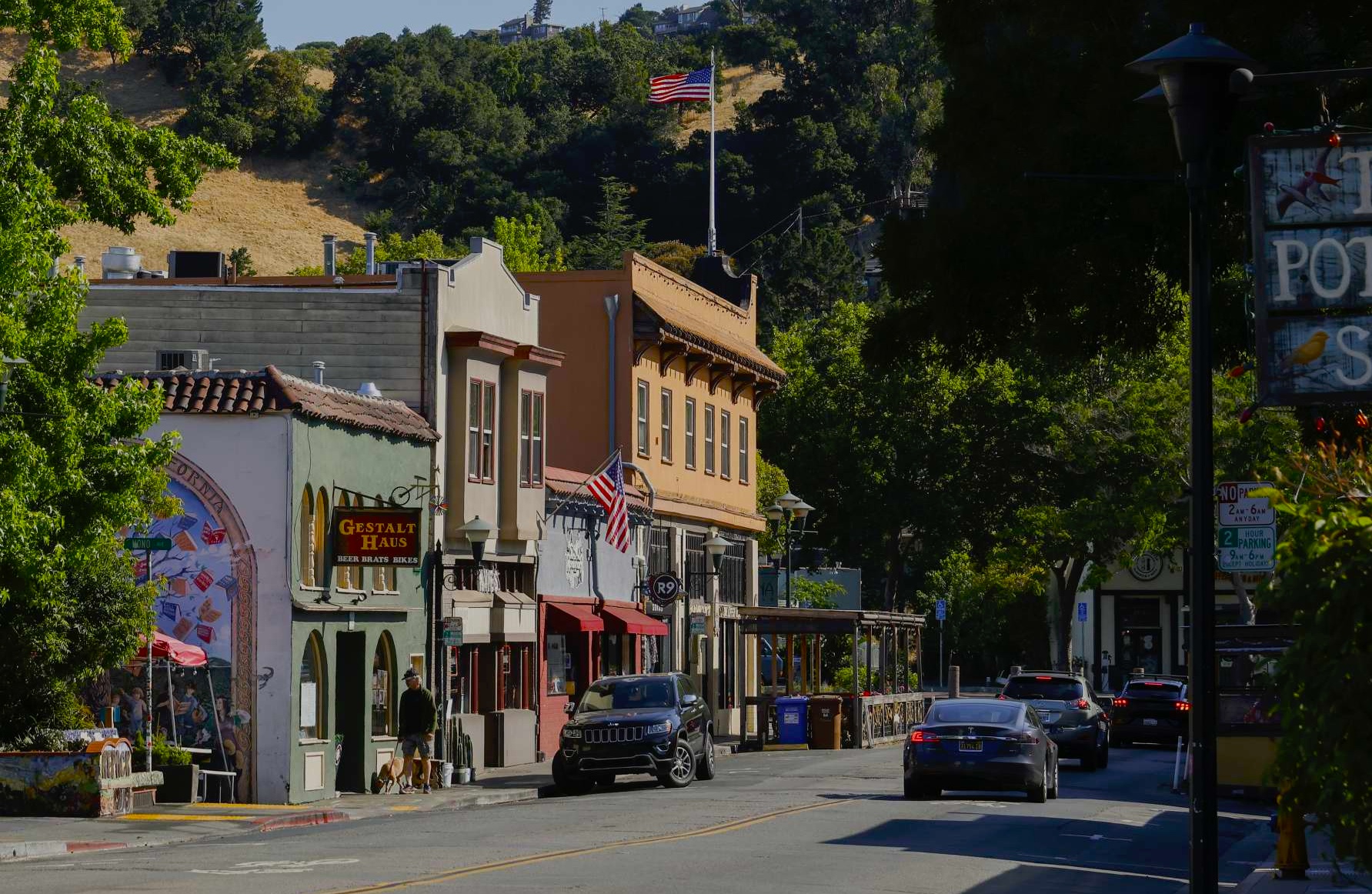 A sunny small-town street lined with colorful shops and cafes. Cars are parked along the road, and American flags are displayed on buildings. Green hills and trees rise in the background under a clear sky.