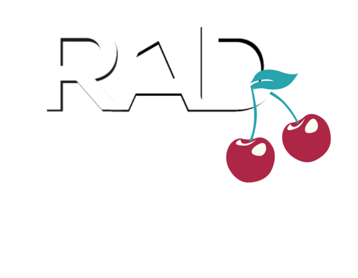 Logo with the word "RAD" in bold outlined text, two red cherries with green stems overlaying the letter D, and the words "Content Engine" in white semi-transparent script below.