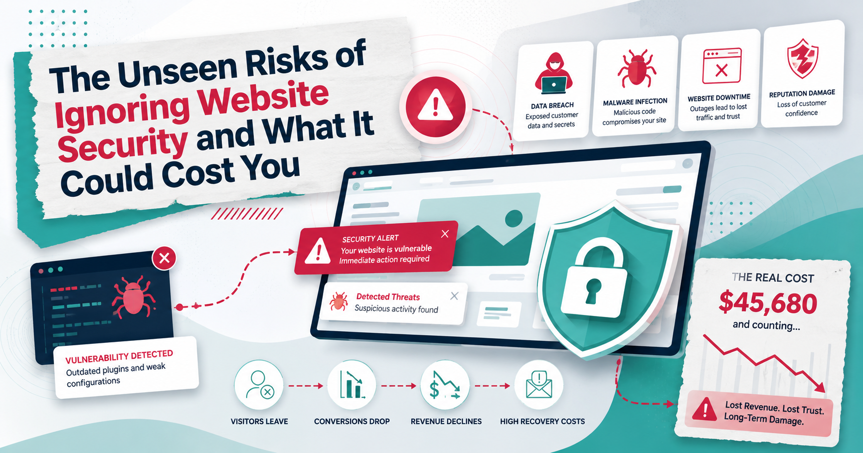 Infographic illustrating website risks and website security cost—shows data breaches, malware, and revenue loss. Central screen displays warnings; icons highlight threats, lost visitors, conversions, and high recovery expenses.