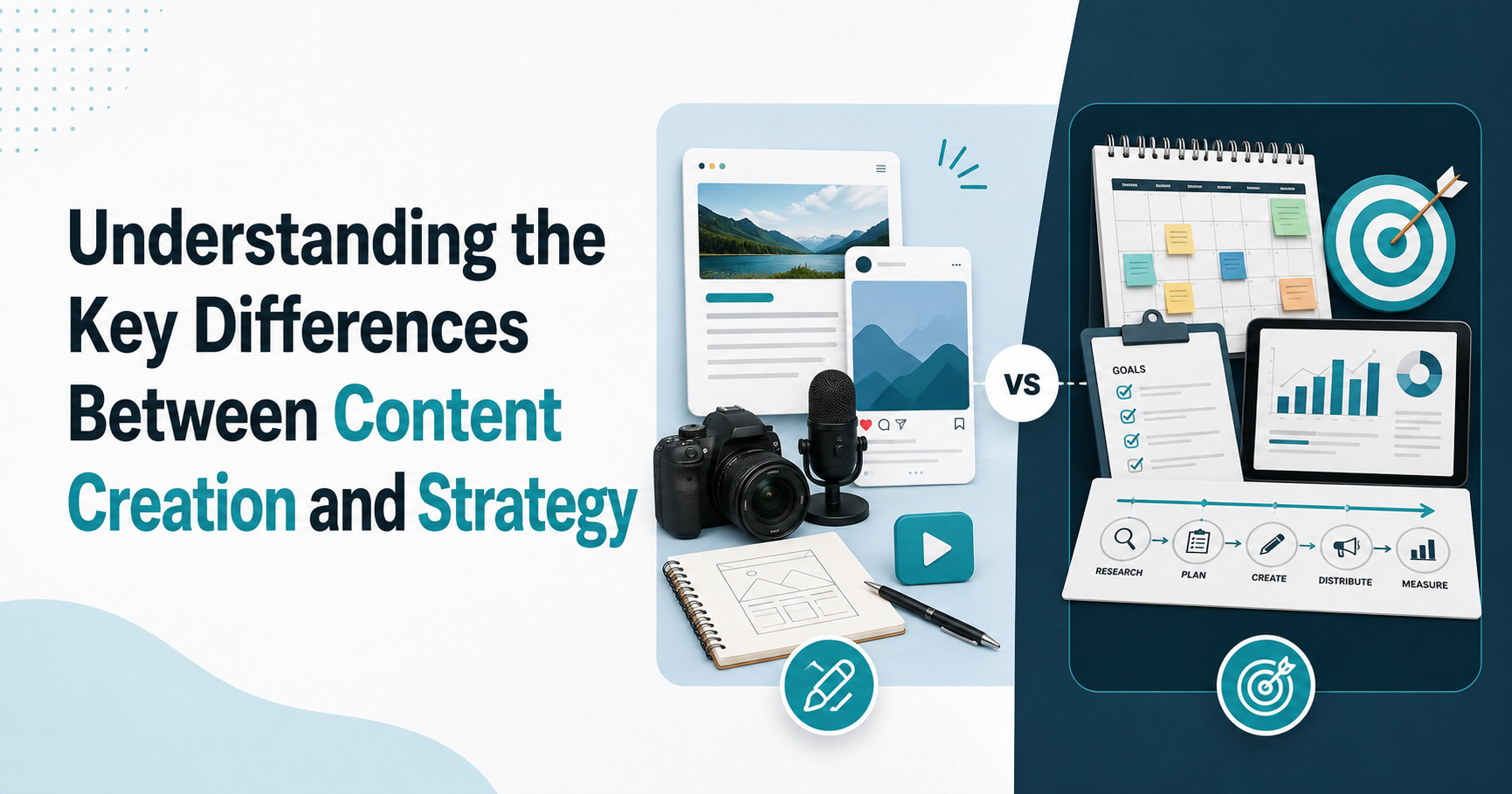 Graphic showing the difference between content creation and strategy: content tools (camera, microphone, phone) on the left, planning tools (charts, goals, research) on the right, separated by "vs." to highlight the key differences.