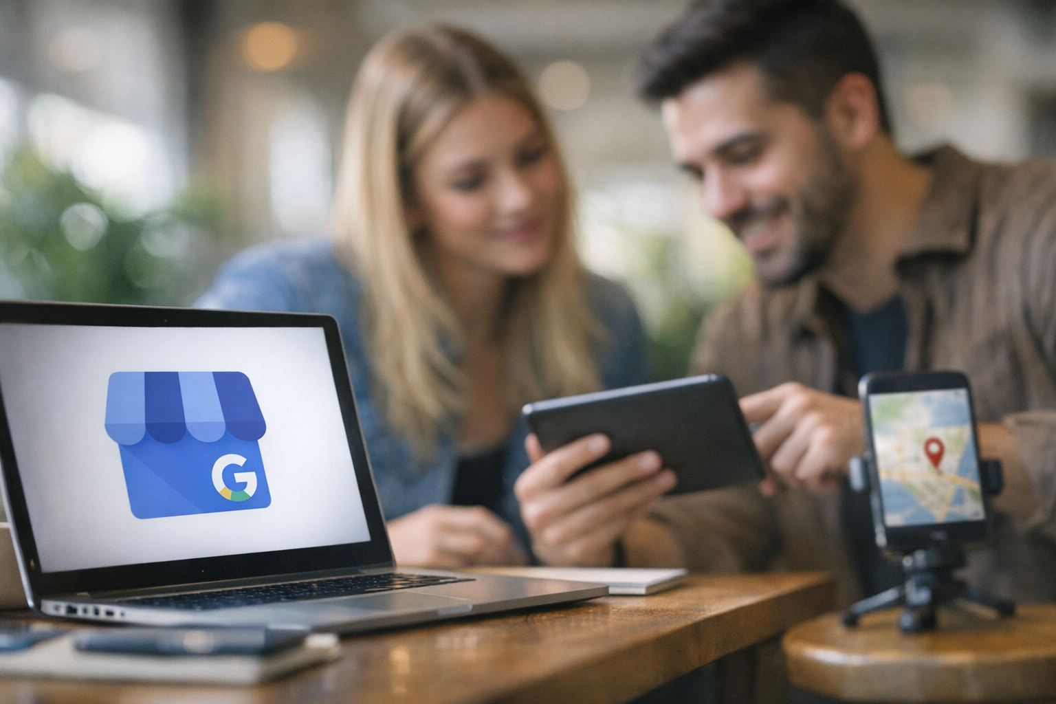 Two people sit at a table, looking at a tablet. A laptop displays a Google business icon, and a smartphone on a tripod shows a map with a location pin—highlighting the importance of Google My Business for effective local SEO.