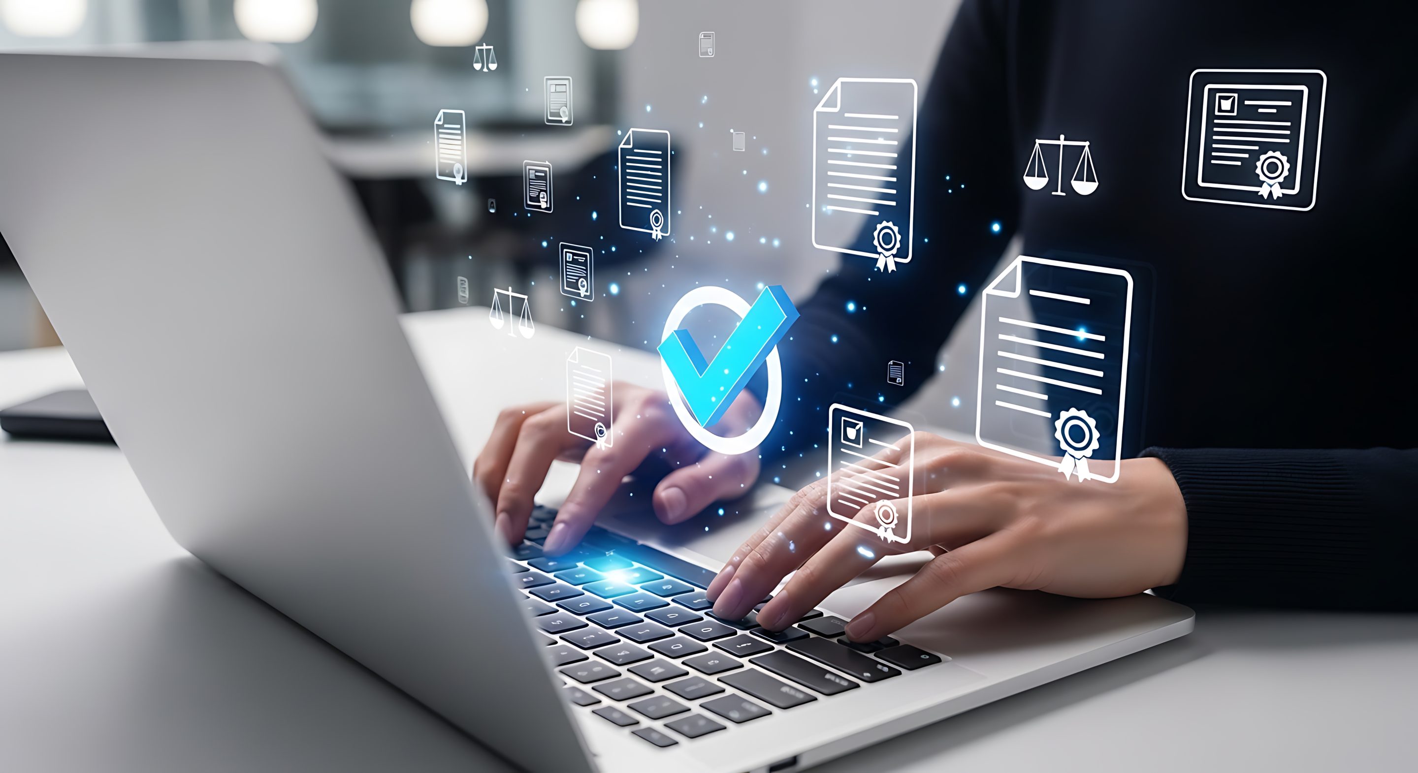 A person types on a laptop, surrounded by digital icons of documents and a blue checkmark, symbolizing online document verification or digital approval. A person types on a laptop, surrounded by digital icons of documents and a blue checkmark, symbolizing online document verification or digital approval.