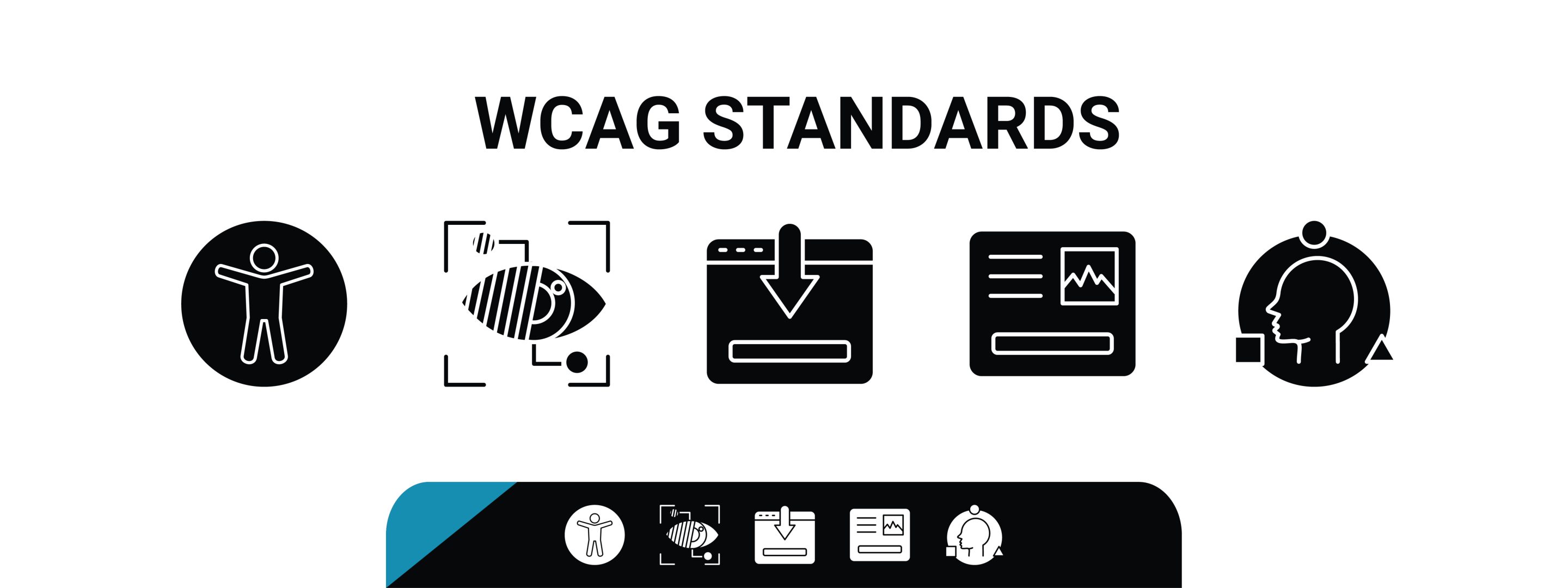 A banner displays "WCAG Standards" above five black icons: a person, an eye, a download window, a data chart, and a person with dialogue bubbles. The icons are repeated in a small bar at the bottom. A banner displays "WCAG Standards" above five black icons: a person, an eye, a download window, a data chart, and a person with dialogue bubbles. The icons are repeated in a small bar at the bottom.