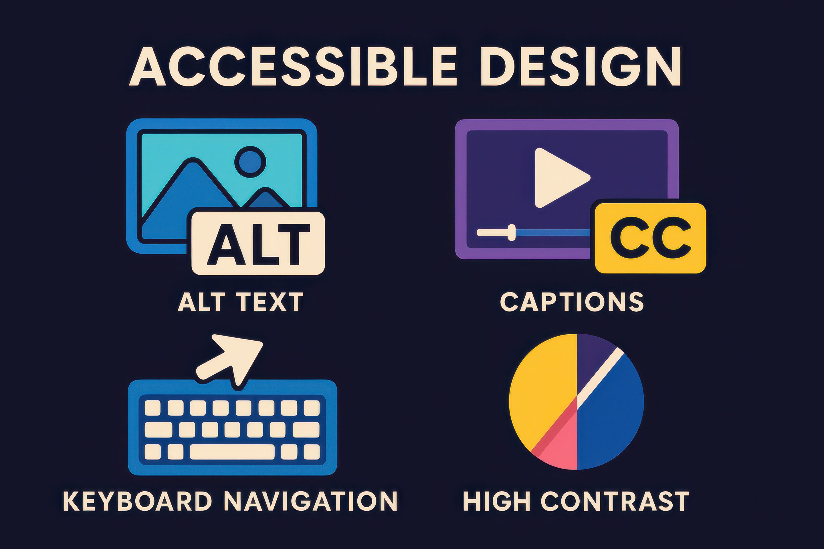 A graphic titled “Accessible Design” highlights icons for alt text, captions, keyboard navigation, and high contrast—key features identified during an ADA Website Accessibility Audit and vital for effective Accessibility Remediation. A graphic titled "Accessible Design" highlights icons for alt text, captions, keyboard navigation, and high contrast—key features identified during an ADA Website Accessibility Audit and vital for effective Accessibility Remediation.
