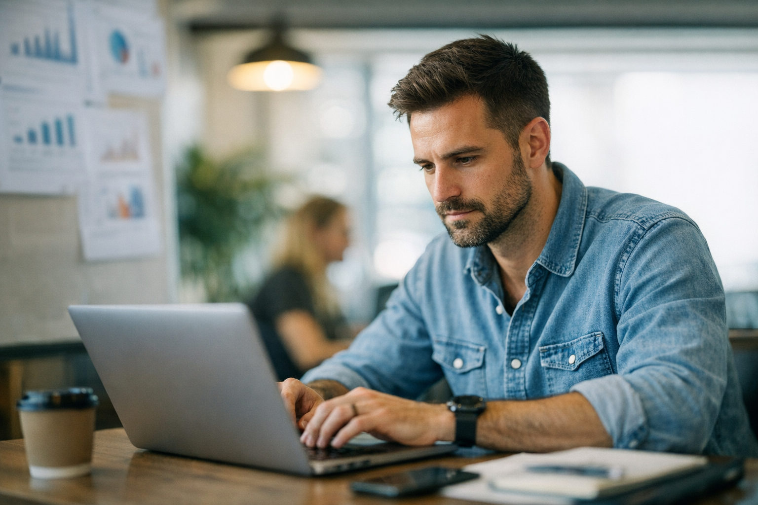 A man in a denim shirt sits at a table, focused on his laptop as he researches SEO evolving 2026. A coffee cup and smartphone are on the table. Blurred charts and another person are in the background.