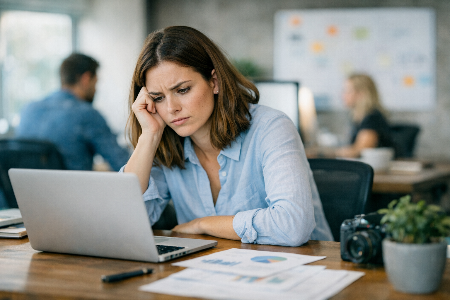 A woman with shoulder-length brown hair sits at a desk, looking concerned while reviewing seo service page optimization data on her laptop. Papers with charts, a camera, and a potted plant are on the desk as others work in the background.