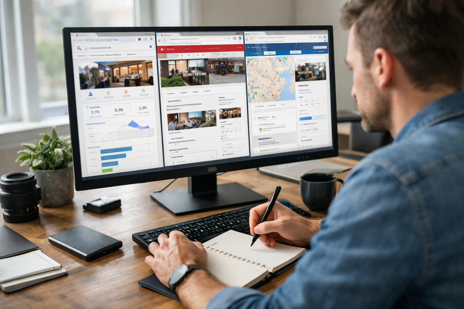 A man sits at a desk, taking notes in a notebook while looking at a large monitor displaying analytics, websites, and a map—likely tracking Local Signals and Map Pack Rankings as part of his Google Business Profile Optimization strategy. There is a keyboard, smartphone, and coffee cup on the wooden desk.