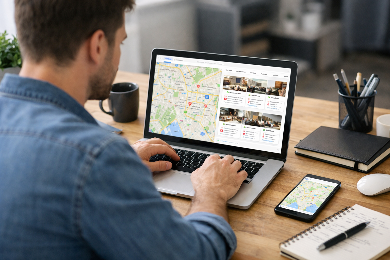 A person uses a laptop to search for locations on an online map, focusing on Google Maps SEO strategies. A smartphone showing a similar map, a notebook, a cup, and pencils are on the wooden desk.