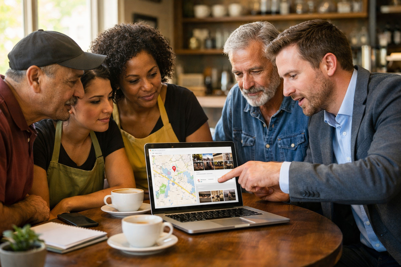 A group of five adults sits at a café table, looking at a laptop screen displaying Google Maps. One man in a suit is pointing at the screen. Coffee cups and a notebook are on the table, suggesting an every day planning session.