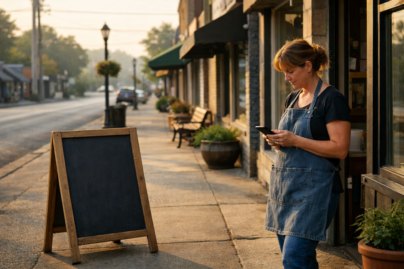 A woman in an apron stands outside a shop, looking at her phone. An empty chalkboard sign is nearby on the sidewalk, and the street is quiet in the early morning light—a familiar scene in small towns where local businesses shape everyday life.