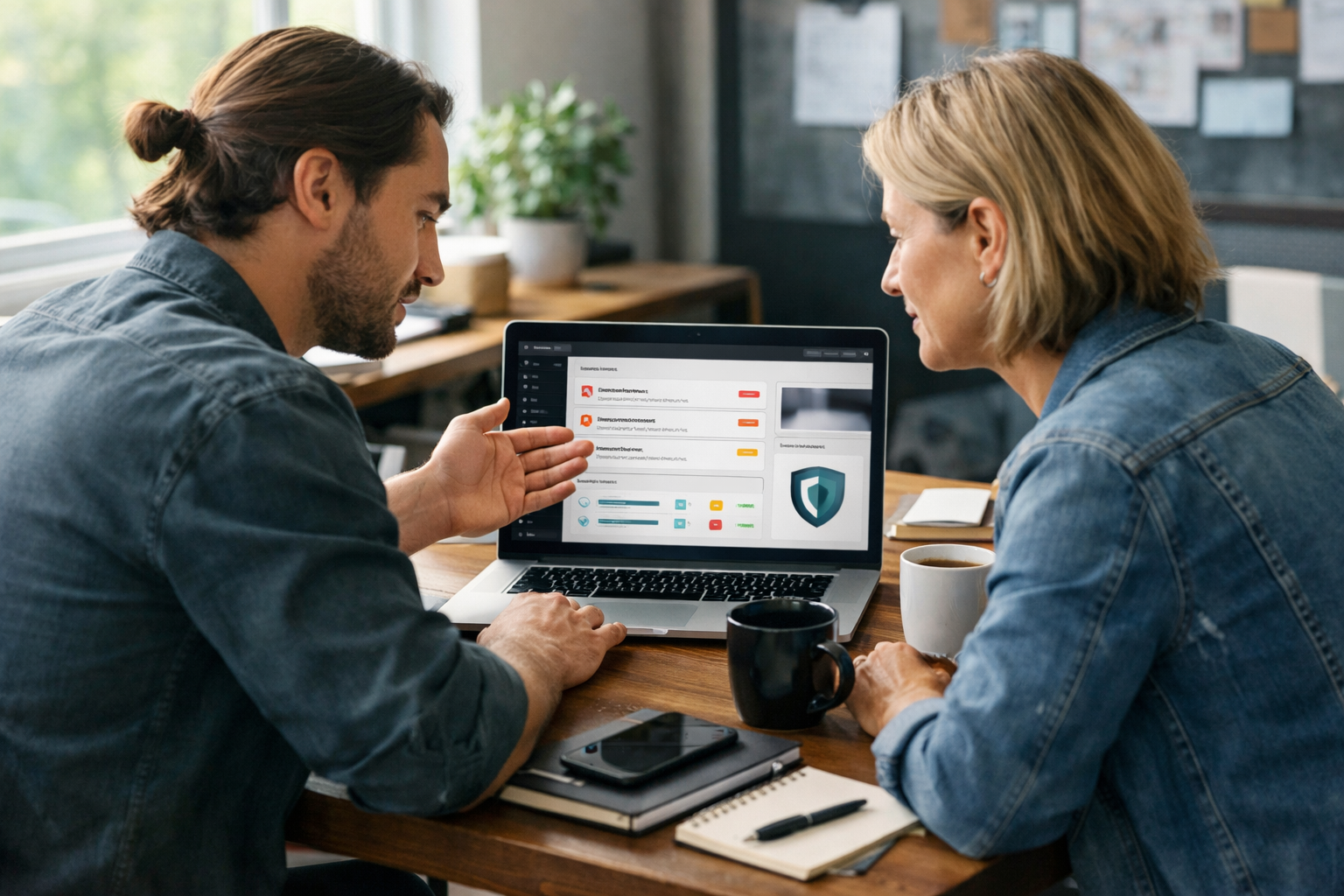 Two people sit at a table discussing cybersecurity software and site security displayed on a laptop screen. They have coffee and notebooks, focusing intently in an office or casual workspace as they review DIY plugin updates and website maintenance services to keep their systems safe.