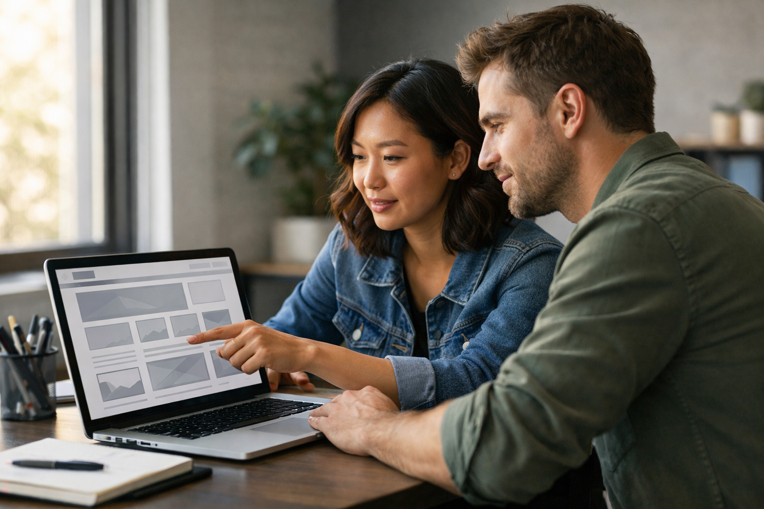 Two people sit at a desk, looking at a laptop screen displaying graphs. One person is pointing at the screen while the other observes, suggesting collaboration or discussion about the data and website redesign for improved clarity or higher rankings.
