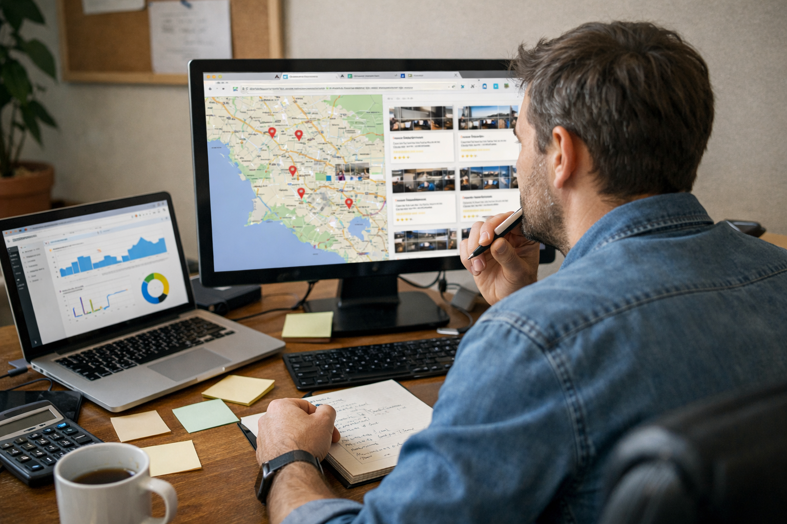 Man at desk looking at computer screen displaying a map with location markers and a list of places, contemplating whether local SEO is worth it, with a laptop showing charts, a calculator, coffee cup, and notebook nearby.