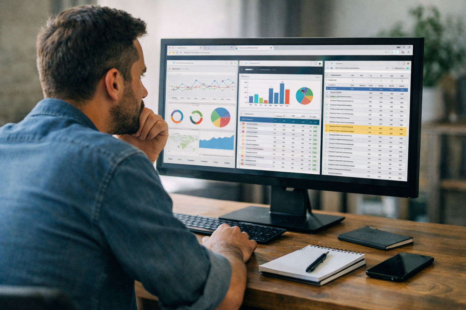 A man sits at a desk, looking at a computer monitor displaying various colorful charts, graphs, and spreadsheets—analyzing data through the lens of the 80 20 rule in SEO. A notebook, pen, and smartphone are on the desk beside him.